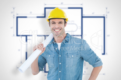Composite image of confident architect holding rolled blueprint