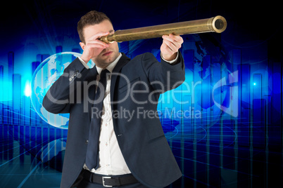 Composite image of businessman looking through telescope