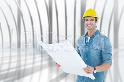 Composite image of happy architect holding blueprint in house