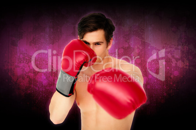 Composite image of tough man wearing red boxing gloves punching