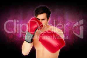 Composite image of tough man wearing red boxing gloves punching
