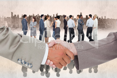 Composite image of side view of shaking hands
