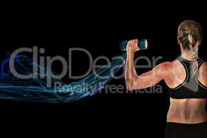 Composite image of female bodybuilder holding a blue dumbbell