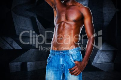 Composite image of mid section of a shirtless muscular man