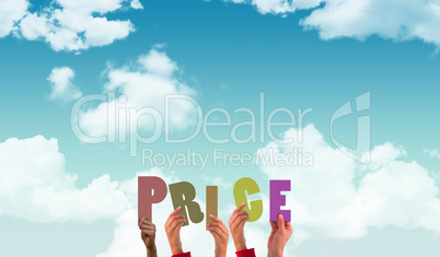 Composite image of hands showing price