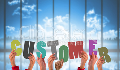 Composite image of hands showing customer