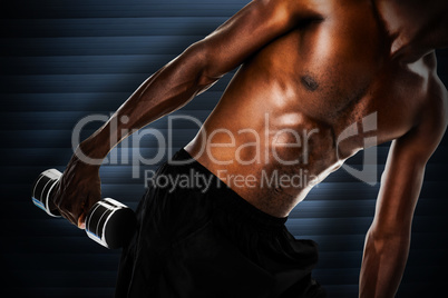 Composite image of mid section of fit shirtless young man liftin