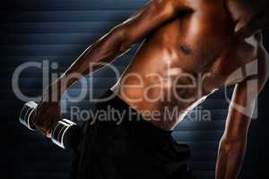 Composite image of mid section of fit shirtless young man liftin