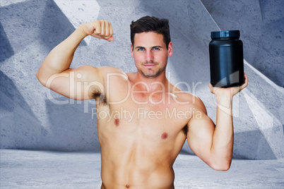 Composite image of bodybuilder with protein powder