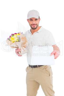 Flower delivery man showing clipboard