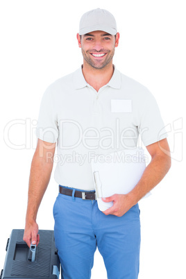 Confident male technician with toolbox and clipboard