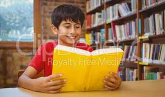 Cute boy reading book in library