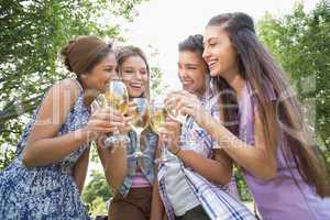 Happy friends in the park having wine