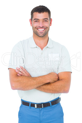 Technician standing arms crossed on white background