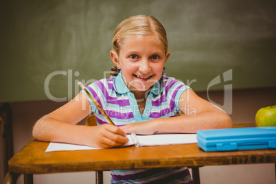 Portrait of cute little girl writing notes