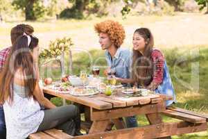 Happy friends in the park having barbecue