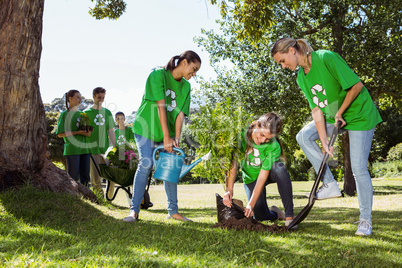 Environmental activists planting a tree in the park