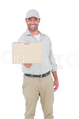 Delivery man giving package on white background