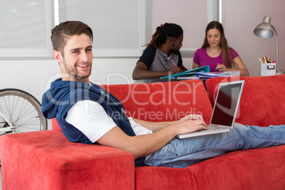 Portrait of casual young man using laptop on sofa