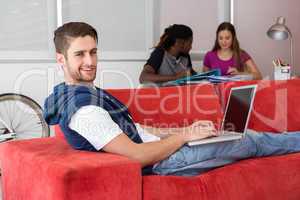 Portrait of casual young man using laptop on sofa