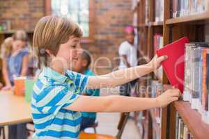 Cute pupil looking for books in library