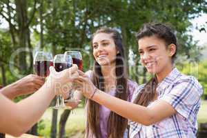 Happy friends in the park having wine