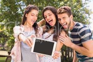 Happy friends in the park taking selfie