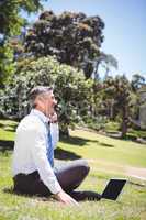 Businessman working in the park