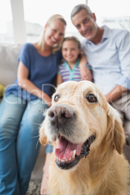 Golden Retriever with happy family at home