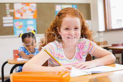 Cute pupils writing at desk in classroom