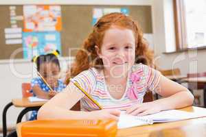 Cute pupils writing at desk in classroom