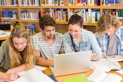 College students doing homework in library