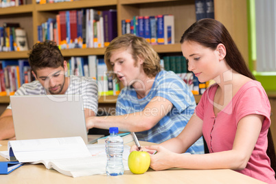 College students using laptop in library