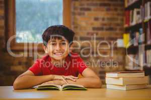 Cute boy reading book in library