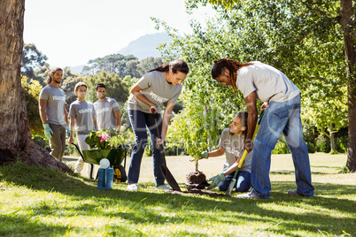 Team of volunteers gardening together