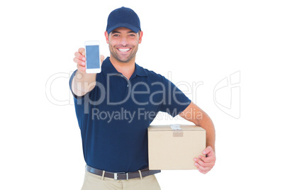 Handsome delivery man showing mobile phone