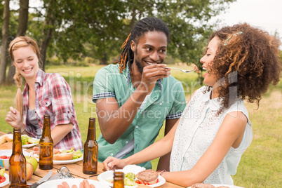 Happy friends in the park having lunch