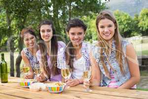 Happy friends in the park having wine