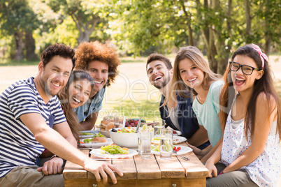 Happy friends in the park having lunch