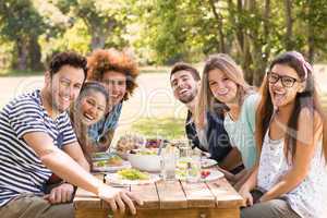 Happy friends in the park having lunch