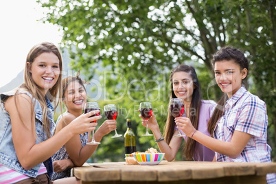 Happy friends in the park having wine Happy friends in the park having wine