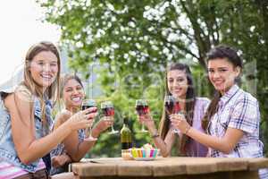 Happy friends in the park having wine