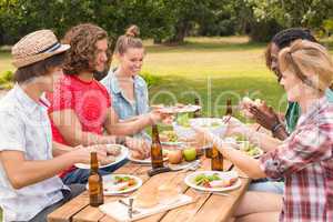 Happy friends in the park having lunch