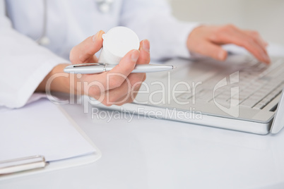 Veterinarian typing on keyboard the prescriptions