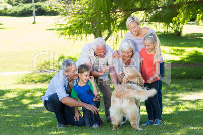 Happy family playing with their dog