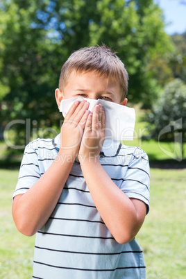 Little boy blowing his nose