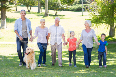 Happy family walking in the park with their dog