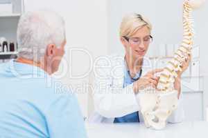 Doctor explaning anatomical spine to senior patient