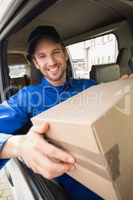 Delivery driver holding parcel in his van