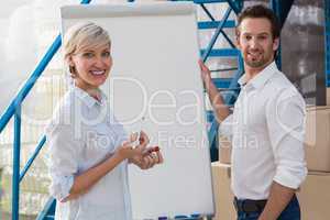 Smiling warehouse manager during a meeting